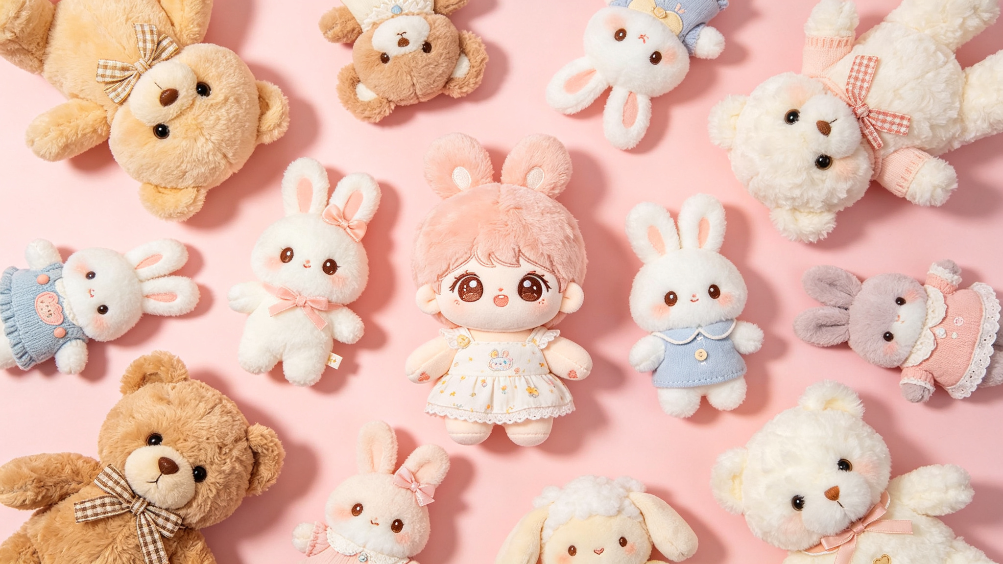 Cute pastel plush toys and cotton dolls collection