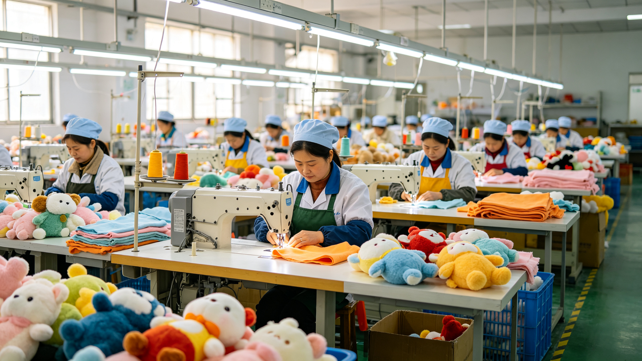 Professional plush toy factory workshop interior with modern sewing machines and skilled workers