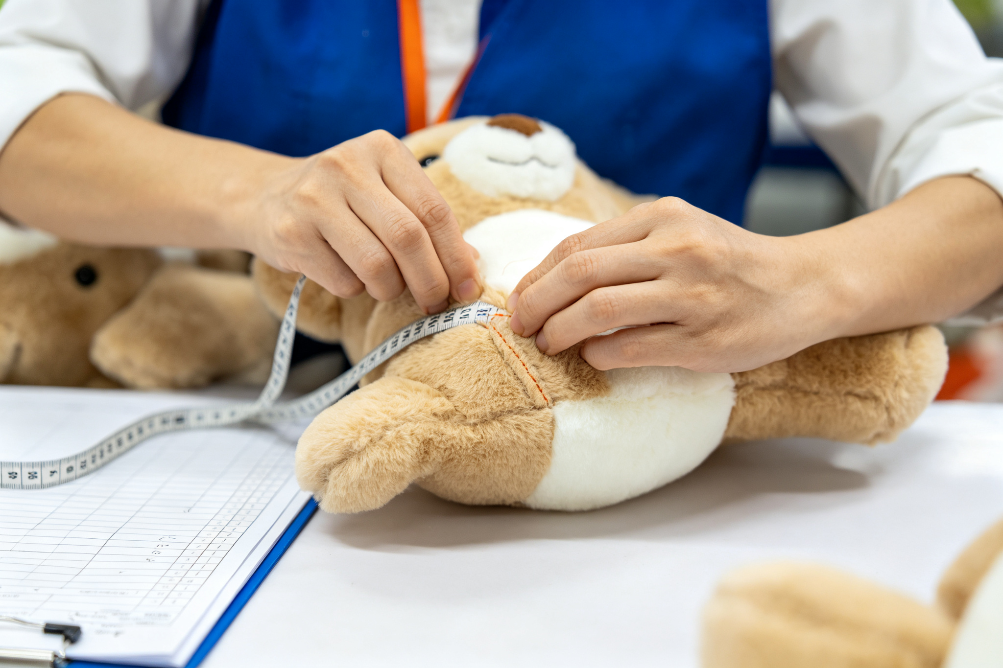 Quality control inspector checking stitching on plush toy